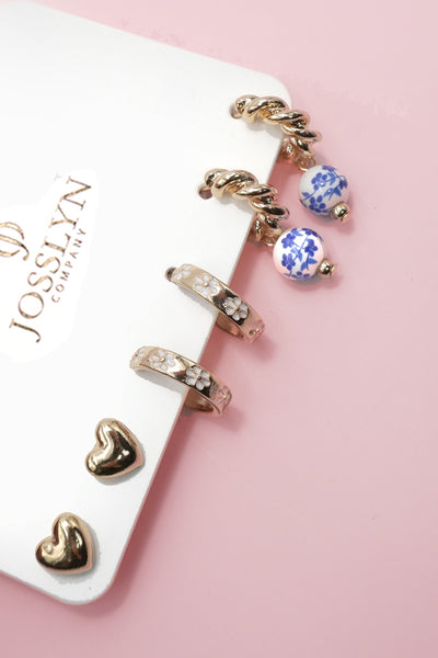 BLUE CERAMIC PORCELAIN TRIO HUGGIE HOOP EARRINGS | 80E6610