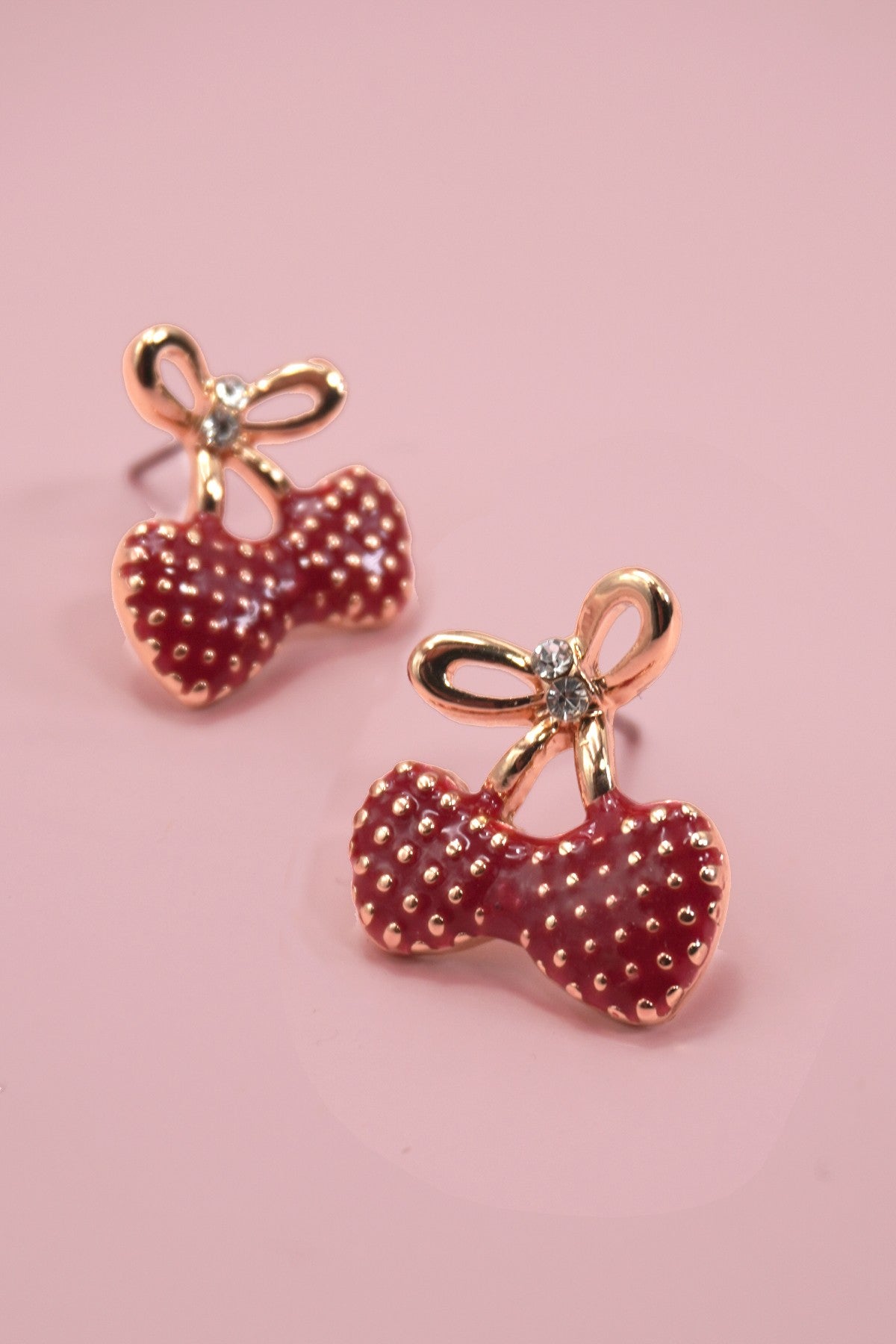 CUTE BOW DOUBLE HEART CHERRY STUD EARRINGS | 80E6596