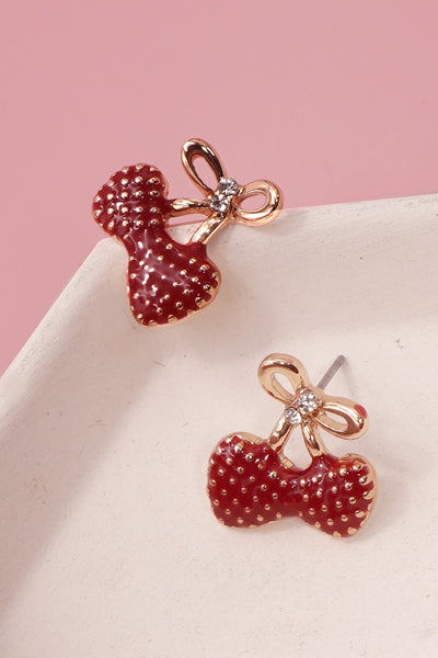 CUTE BOW DOUBLE HEART CHERRY STUD EARRINGS | 80E6596