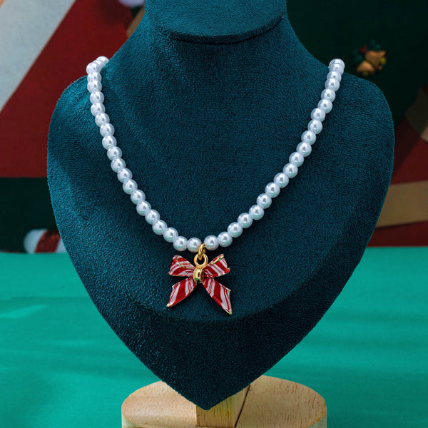 Holiday Red & White Striped Bow Pearl Necklace | 80N93905