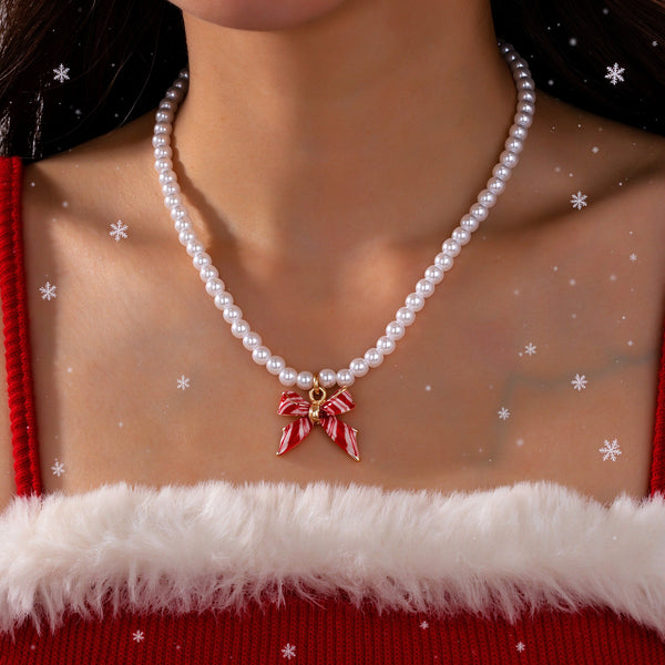 Holiday Red & White Striped Bow Pearl Necklace | 80N93905