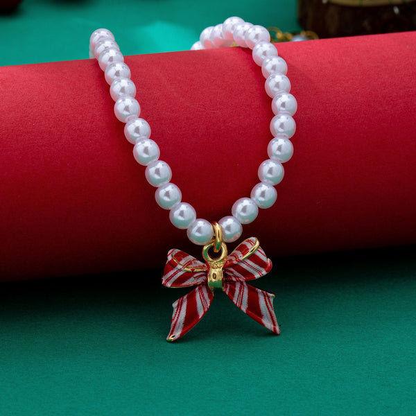 Holiday Red & White Striped Bow Pearl Necklace | 80N93905