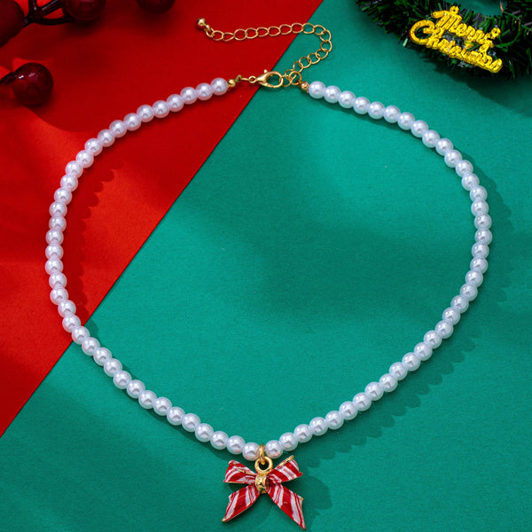 Holiday Red & White Striped Bow Pearl Necklace | 80N93905