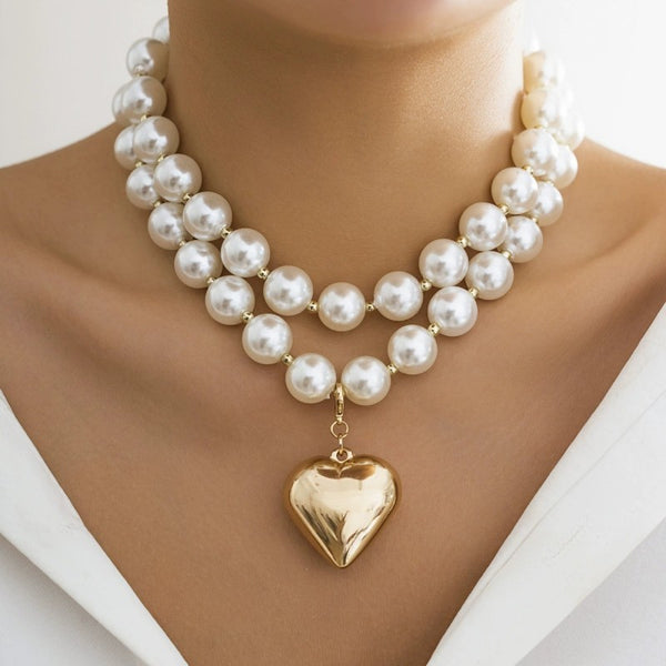 LUSTROUS PEARL BEADED LAYERED HEART NECKLACE | 40NK9456