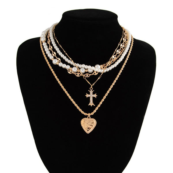 CROSS HEART CHARM MULTILAYER PEARL NECKLACE | 40NK9457