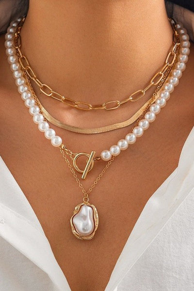 PEARL CHARM MULTILAYER PEARL GOLD MIX  NECKLACE  | 40NK9458