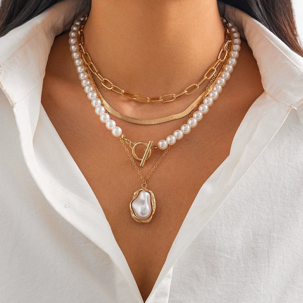 PEARL CHARM MULTILAYER PEARL GOLD MIX  NECKLACE  | 40NK9458