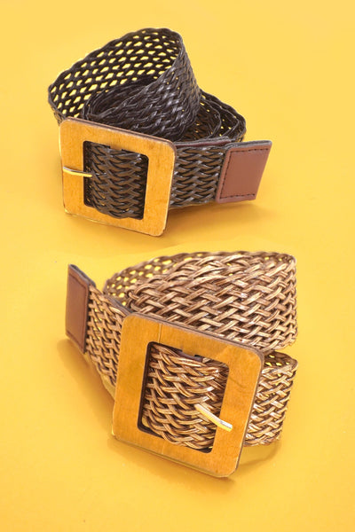 WOOD BUCKLE BRAIDED RECTANGLE LEATHER BELT | 40BT652