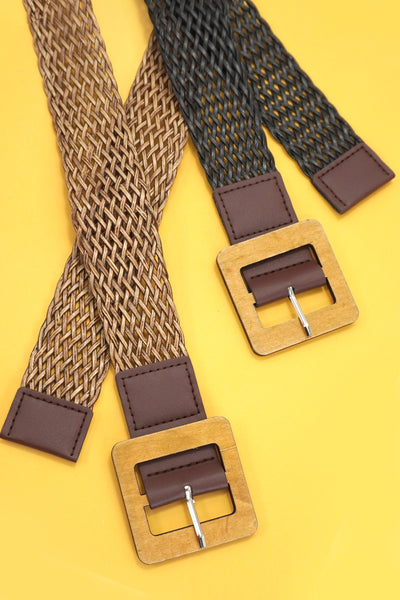 WOOD BUCKLE BRAIDED RECTANGLE LEATHER BELT | 40BT652