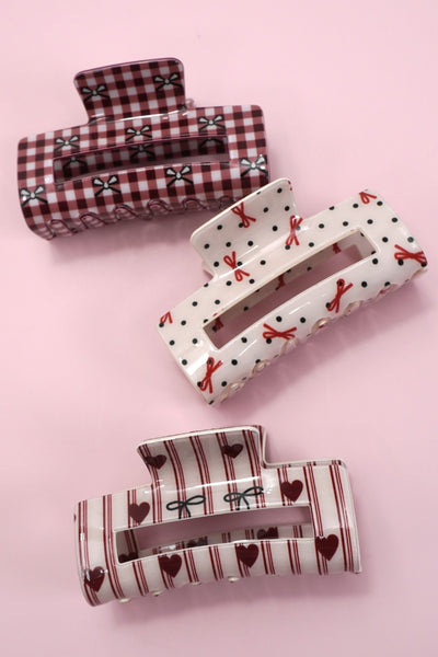 JUMBO  BOW HEART RECTANGLE HAIR CLAW CLIPS | 40H935