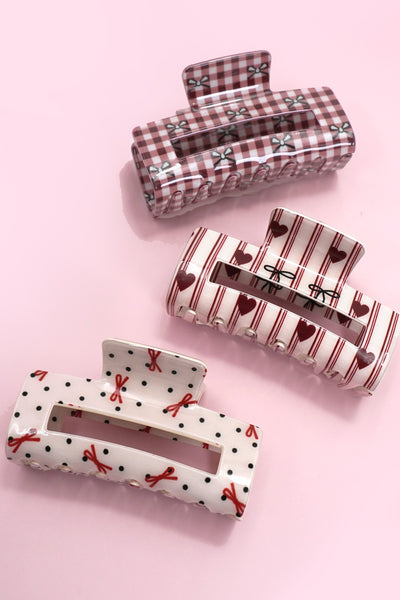 JUMBO  BOW HEART RECTANGLE HAIR CLAW CLIPS | 40H935
