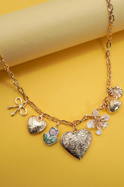 CHARM NECKLACE-HEART LOCKET PORCELAIN FLOWER BOW | 80N91722