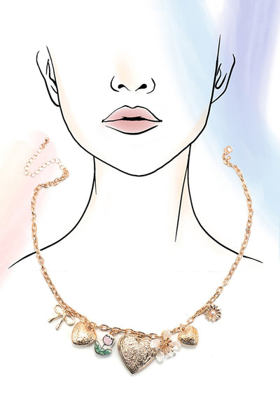 CHARM NECKLACE-HEART LOCKET PORCELAIN FLOWER BOW | 80N91722