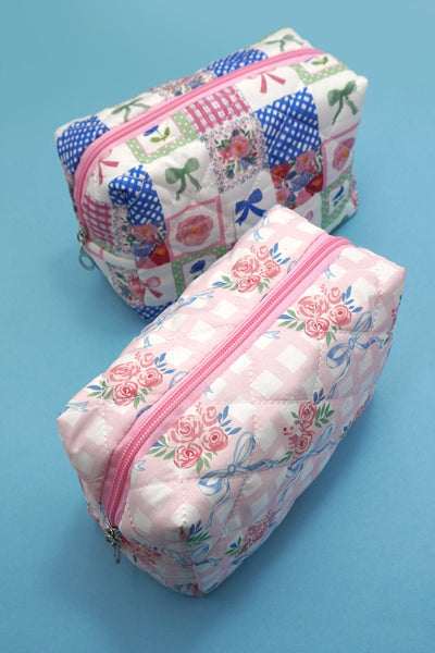 BOW QUILTED COTTON FLORAL COSMETIC POUCH BAG | 40P567