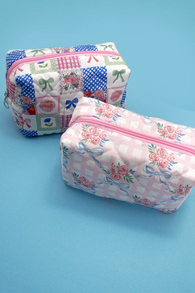 BOW QUILTED COTTON FLORAL COSMETIC POUCH BAG | 40P567