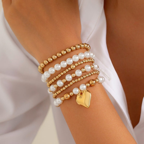 MULTILAYER BALL PEARL CHAIN BEAD HEART BRACELET | 40B5159