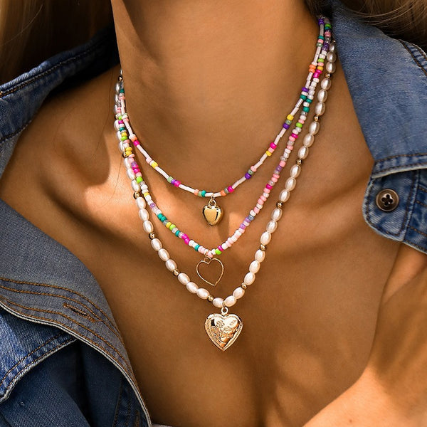 MULTI LAYER BEADED CHAIN HEART CHARM NECKLACE | 40NK9472