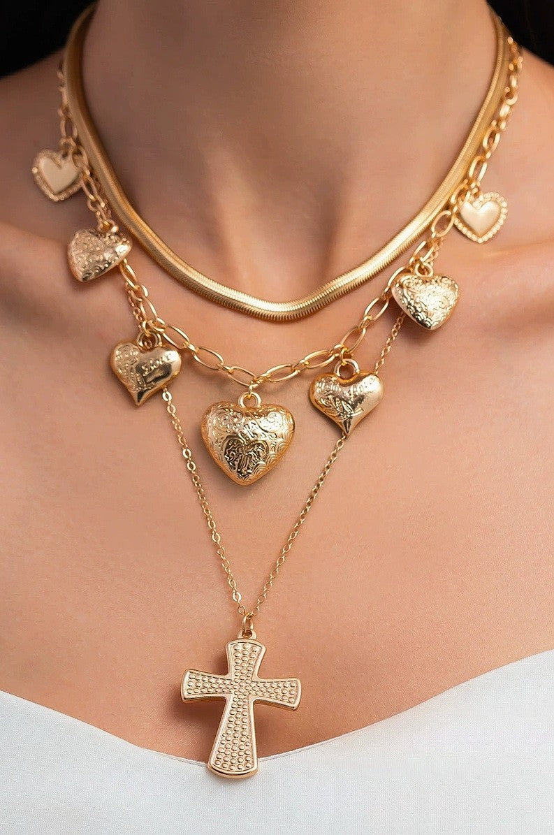 MULTI LAYERED CROSS MULTI HEART CHARM NECKLACE | 40NK9473