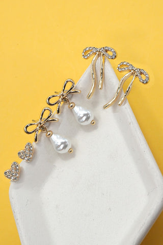 RHINESTONE HEART BOW PEARL DROP BOW EARRINGS | 80E6698