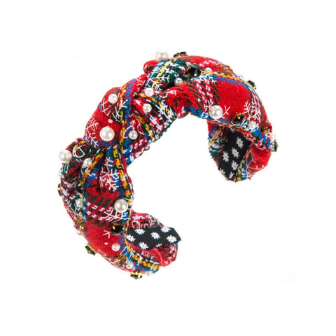 CHRISTMAS PLAID RHINESTONE WIDE KNOTTED HEADBAND | 40HB171