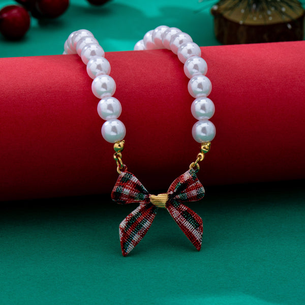 Holiday Tartan Plaid Fabric Bow Pearl Necklace | 80N93917
