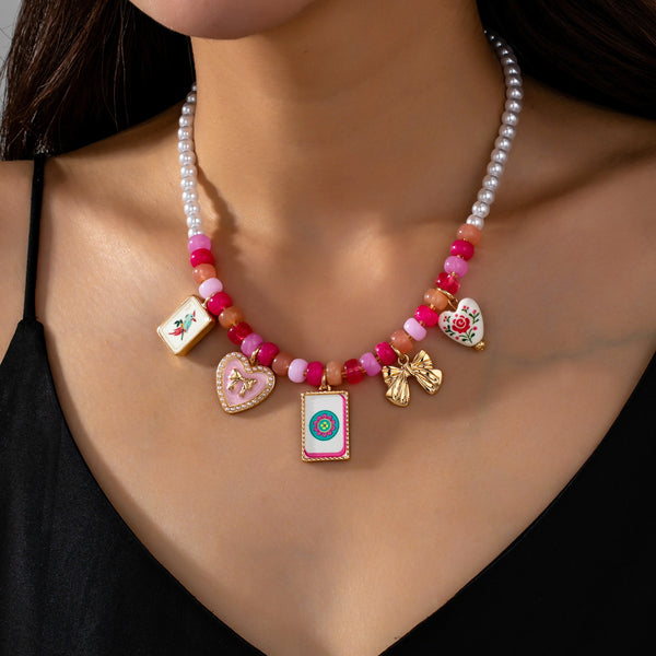 Pink Beaded & Pearl Mahjong Charm Strand Necklace | 80N93925