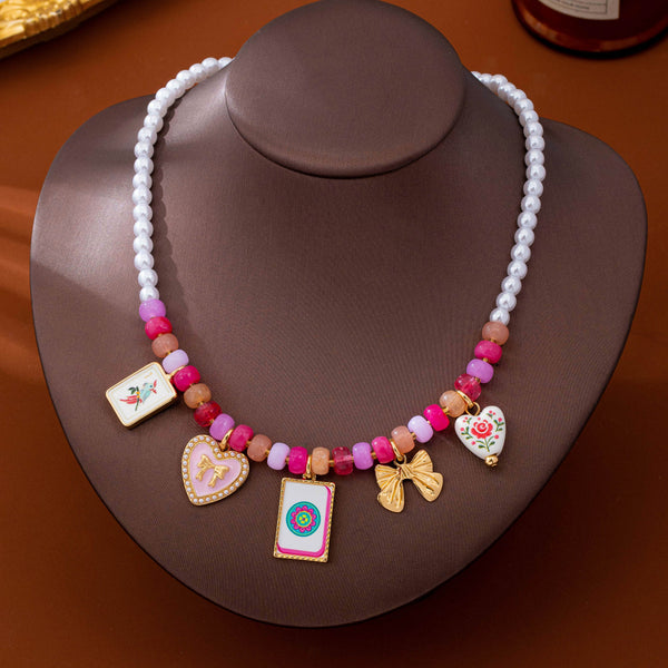 Pink Beaded & Pearl Mahjong Charm Strand Necklace | 80N93925