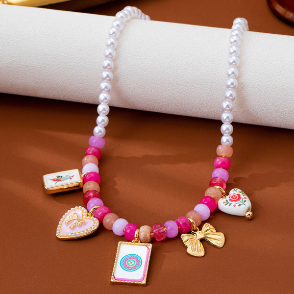 Pink Beaded & Pearl Mahjong Charm Strand Necklace | 80N93925