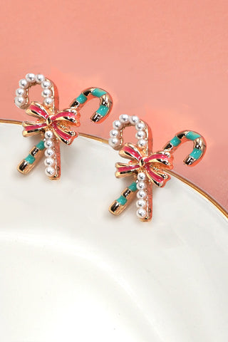 CHRISTMAS CANDY CANE PEARL BOW STUD EARRINGS | 31E50799