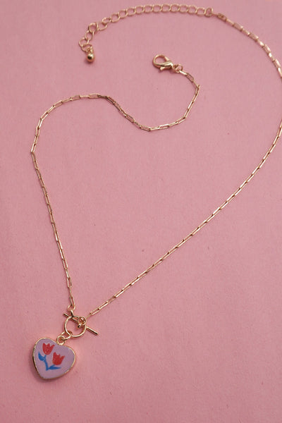 PORCELAIN FLOWER HEART CHARM TOGGLE NECKLACE | 80N91839