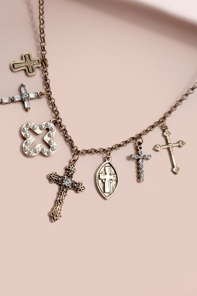 CHARM NECKLACE-BURNISH GOLD CROSS CHARMS | 80N91812