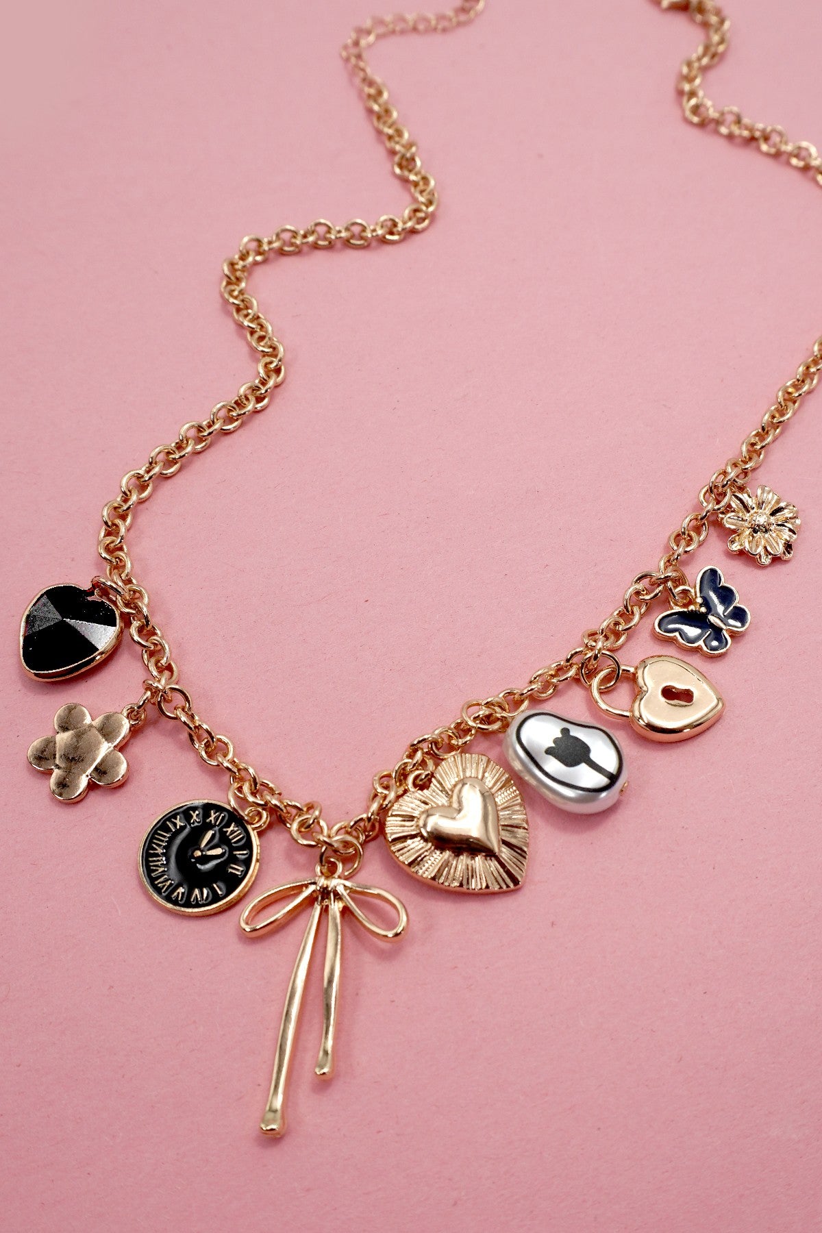 CHARM NECKLACE-HEART CLOCK BOW LOCK CHARMS | 80N91815