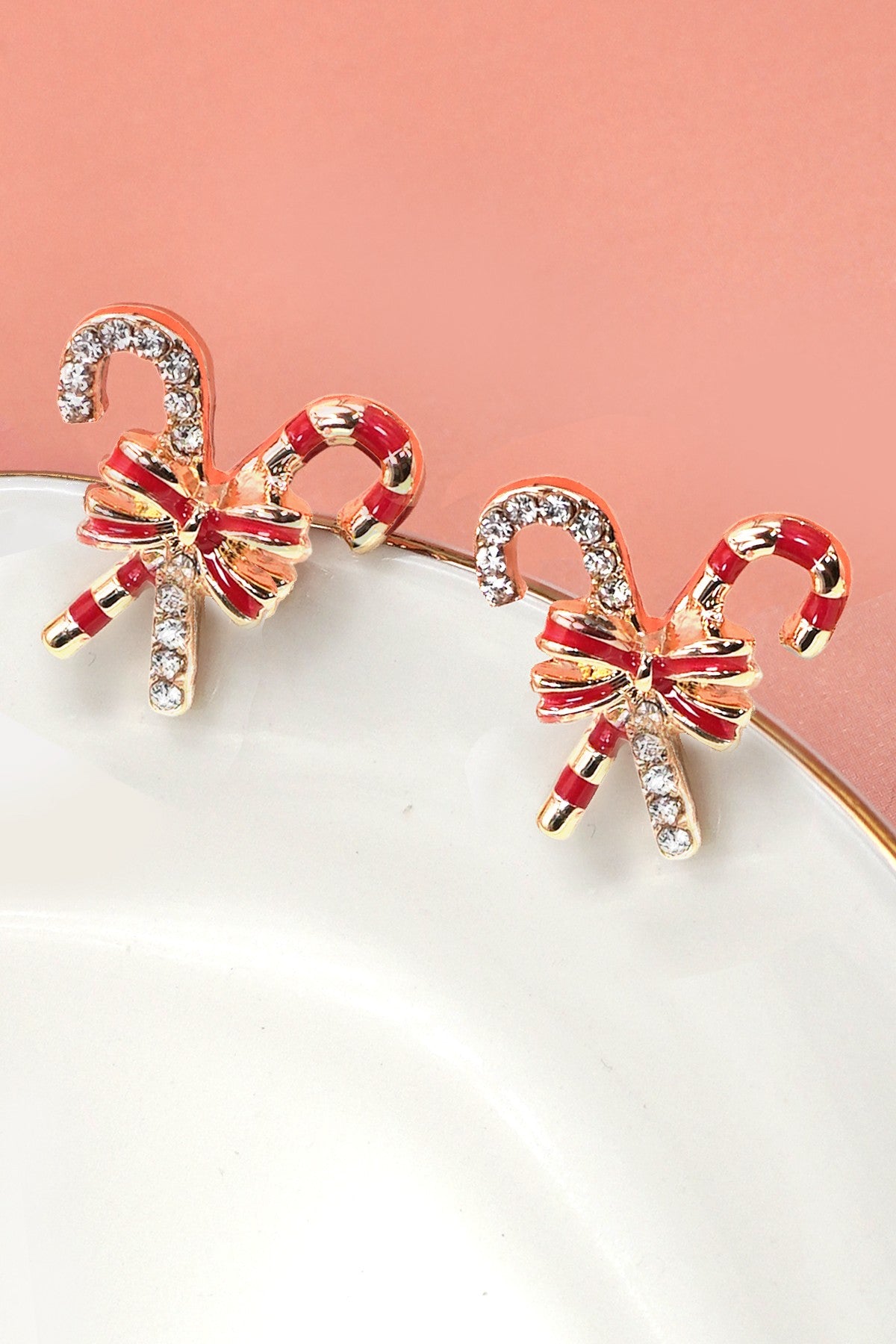 CHRISTMAS CANDY CANE RHINESTONE BOW EARRINGS | 80E6737