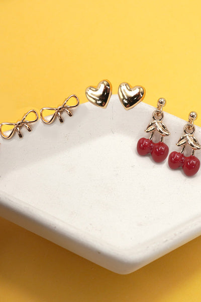 TRIO CHERRY BOW HEART STUD EARRINGS | 80E6779