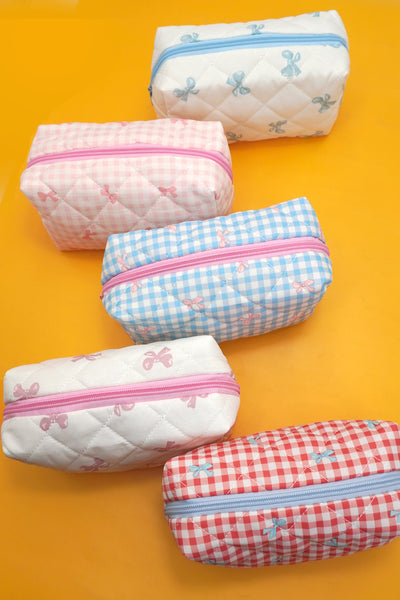 QUILTED COTTON CHECKER BOW COSMETIC POUCH BAG | 40P569