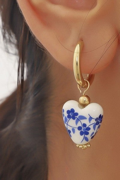 BLUE CERAMIC PORCELAIN  GOLD PEARL DROP EARRINGS | 40E391