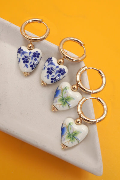 BLUE CERAMIC PORCELAIN  GOLD PEARL DROP EARRINGS | 40E391