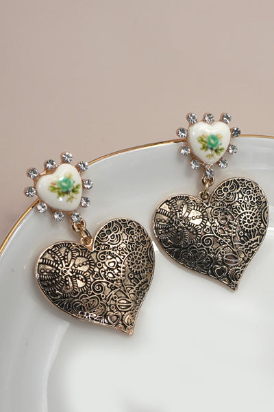 VINTAGE PORCELAIN FLOWER HEART DROP EARRINGS | 80E6973