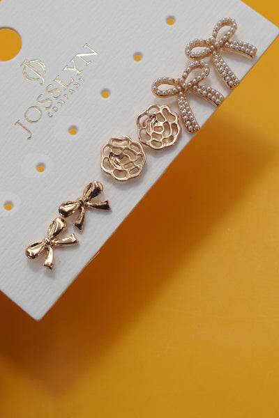 TRIO STUD BOW FLORAL PEARL BOW TRIO EARRINGS | 80E6912