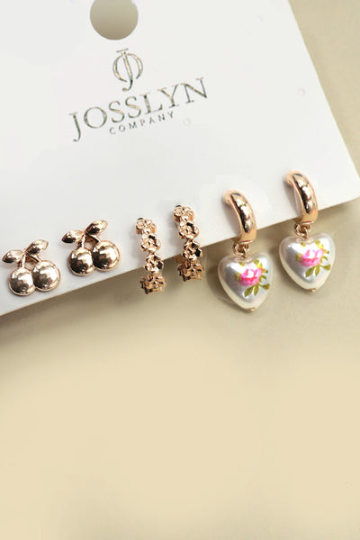 CHERRY FLORAL HOOP HEART  HUGGIE TRIO EARRINGS | 80E6970