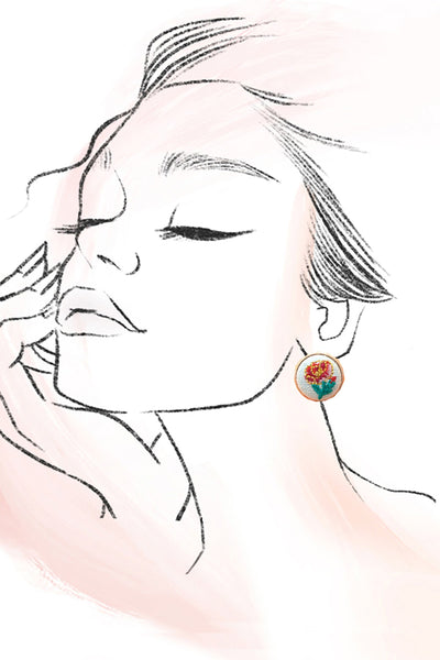 EMBROIDERY FLORAL GOLD EDGE STUD EARRINGS | 80E61042