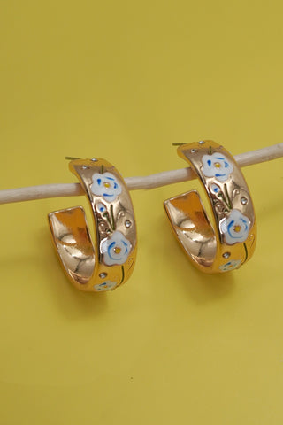 VINTAGE CLOISONNE FLORAL HUGGIE HOOP EARRINGS | 40E396