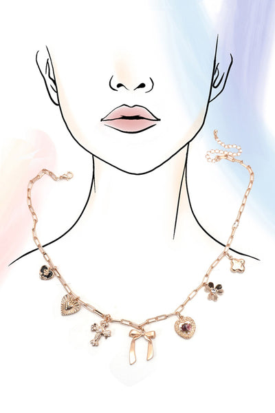 CHARM NECKLACE-PORCELAIN FLORAL BOW CROSS HEART | 80N92151