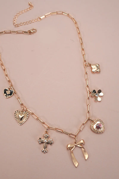 CHARM NECKLACE-PORCELAIN FLORAL BOW CROSS HEART | 80N92151