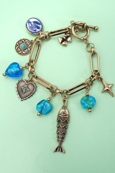 CHARM BRACELET PORCELAIN BLUE GEM  STONE FISH | 80B1358