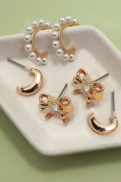 MULTI EARRING SET-PEARL EMBELLISHED HOOPS BOW | 80E61170