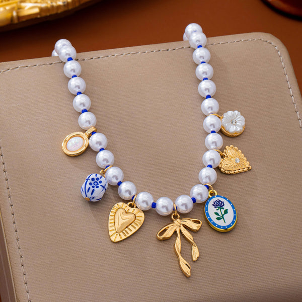 Blue & White Porcelain Multi-Charm Pearl Necklace | 80N93910