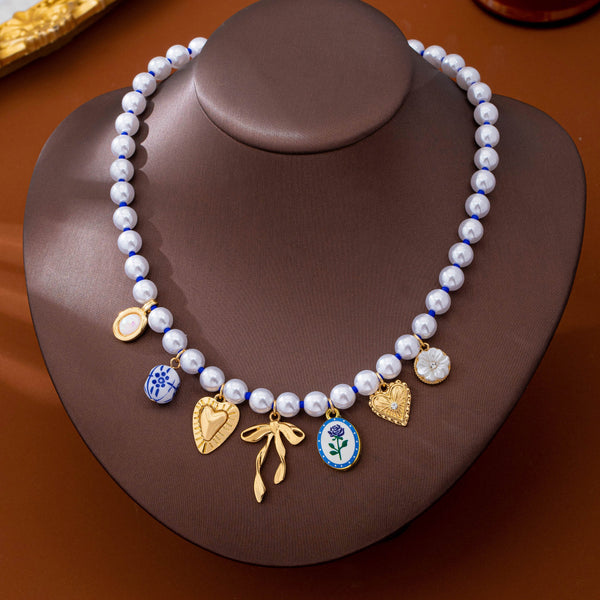 Blue & White Porcelain Multi-Charm Pearl Necklace | 80N93910