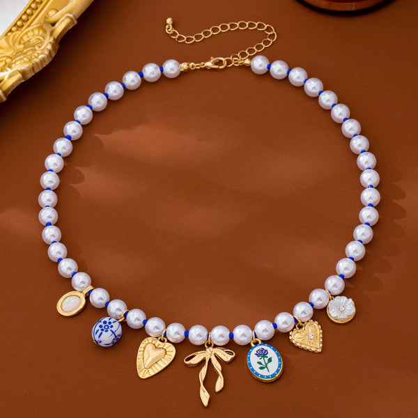 Blue & White Porcelain Multi-Charm Pearl Necklace | 80N93910