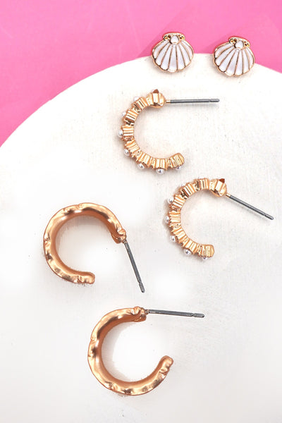 SEASHELL PEARL TEXTURED TRIO HOOP EARRINGS | 80E61213